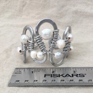 Hammered Aluminum Cuff Bracelet with White Freshwater Pearls by Meigsart